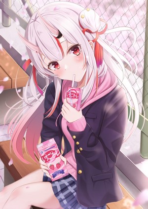 Nakiri Ayame from Hololive drinking strawberry milk