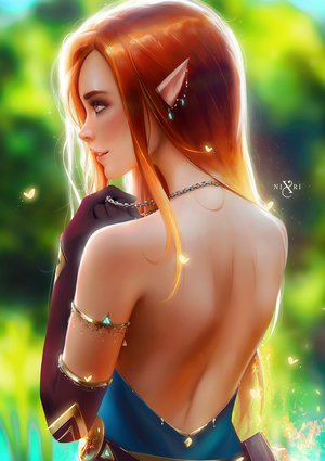 Elf woman with red hair and bare shoulders