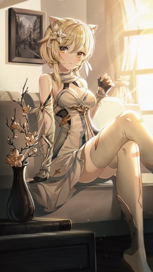Lumine from Genshin Impact sitting on a couch