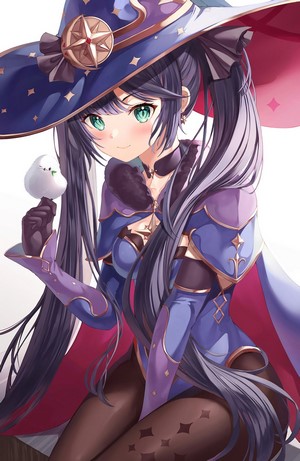 Mona from Genshin Impact holding a small creature