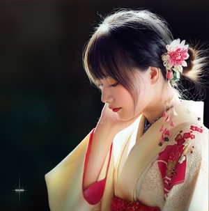 Artwork of a Japanese woman in a kimono with a flower in her hair
