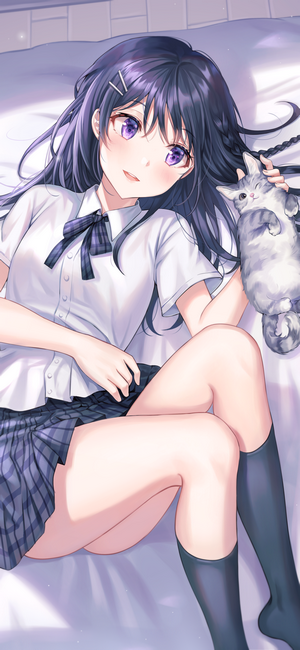 Anime girl with purple eyes and cat