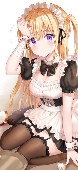 Anime girl in maid outfit with blonde hair and purple eyes