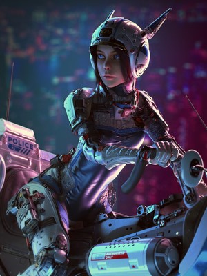 Artwork of a female police officer on a motorcycle
