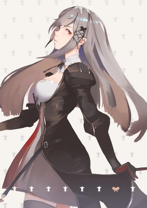 Anime girl with long gray hair in black dress
