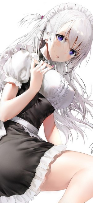 Maid Outfit Anime Girl with White Hair and Blue Eyes