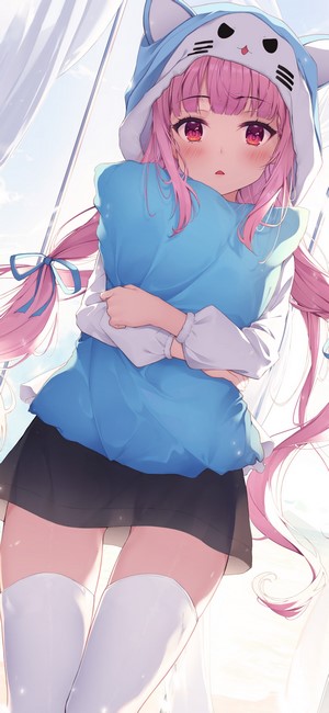 Anime girl with pink hair hugging a pillow