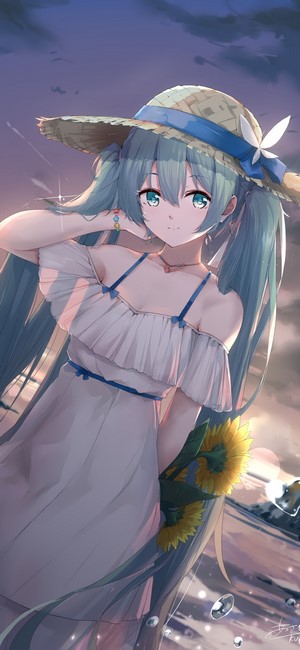 Hatsune Miku in a straw hat with sunflowers
