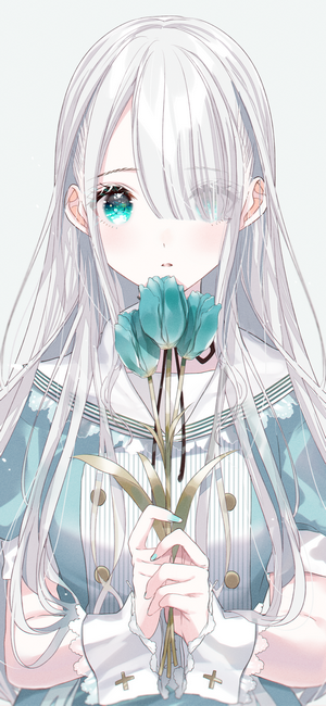 Anime girl with silver hair and aqua eyes holding flowers