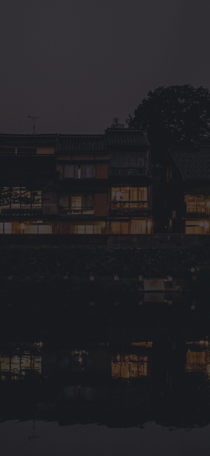 Traditional Japanese buildings at dusk with reflections