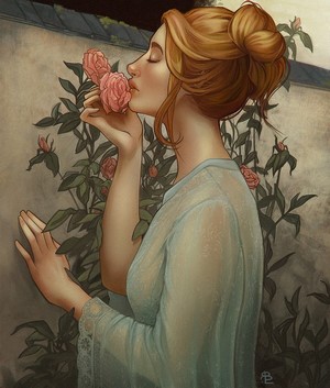 Woman smelling roses by Rachel Bradley