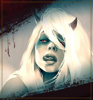 Demon girl with white hair and red eyes