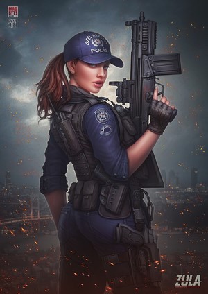 Turkish Police Woman with Machine Gun