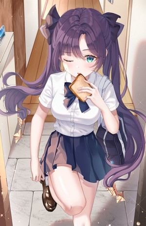 Anime girl with purple twintails eating toast