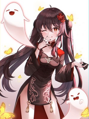 Hu Tao from Genshin Impact with ghosts and butterflies