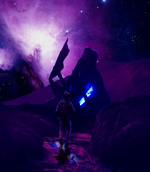 Soldier in alien landscape with purple nebula