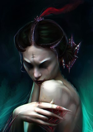 Portrait of a woman with sharp claws and dark hair