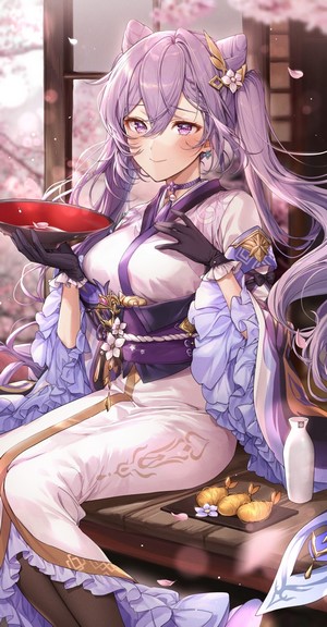 Keqing from Genshin Impact with sake and snacks