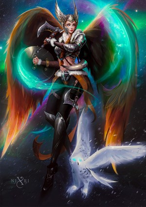 Valkyrie with Wings and Owl in Colorful Sky