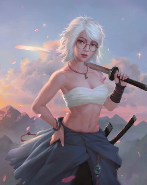 Woman with white hair and glasses holding a katana