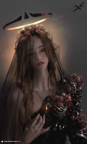 WLOP Fantasy Girl with Dark Veil and Halo