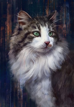 Digital painting of a cat with green eyes