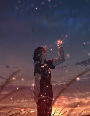 Anime girl holding sparkler at sunset