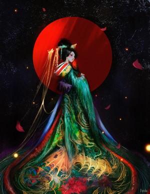 Artwork of a Japanese woman in a colorful dress