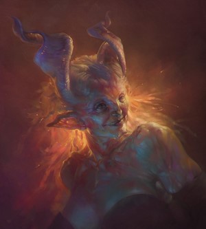 Woman with horns and pointed ears smiling