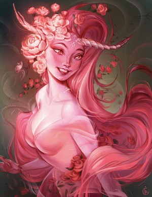 Digital art portrait of a pink unicorn woman with roses