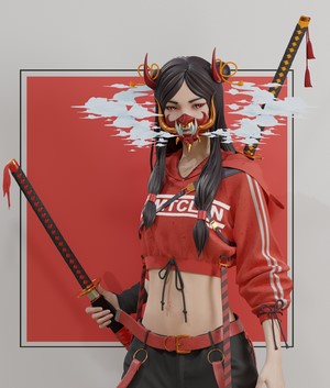 Fantasy girl with mask and katana