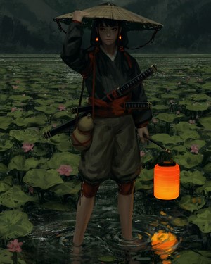 Warrior girl with lantern in a lotus pond