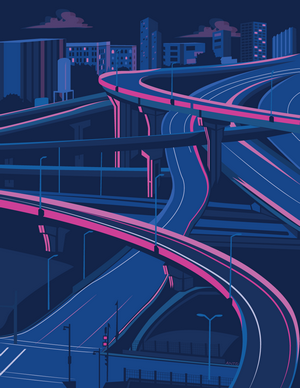 Night cityscape with glowing highway interchanges