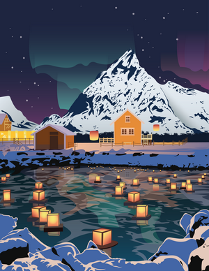 Winter landscape with aurora borealis and floating lanterns