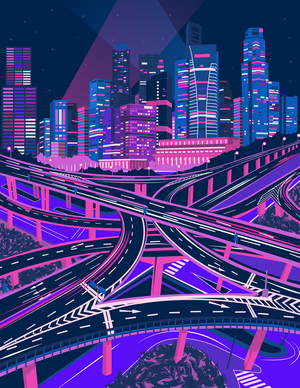 Neon cityscape with complex highway interchange at night