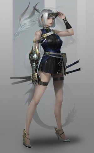 Warrior woman with silver hair and dragon motif