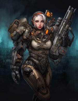 Science fiction woman in armor holding a weapon