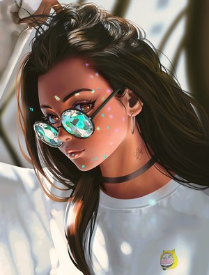 Artwork of a woman with glasses and a Yellow Lemon Cat logo