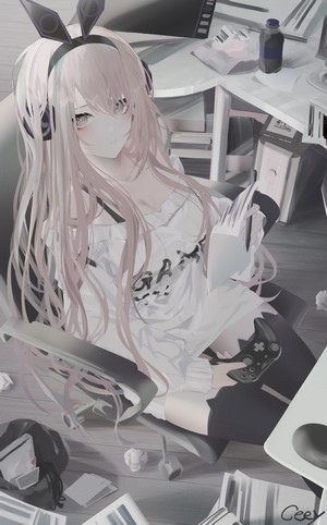 Anime girl with bunny ears and headphones playing video games