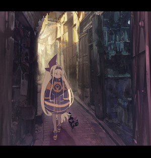 Anime girl with long blonde hair in alleyway with cat