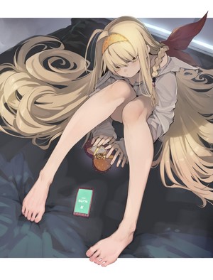 Anime girl with long blonde hair and red ribbon