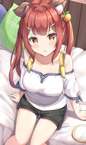 Anime girl with red hair and dog ears sitting on a bed