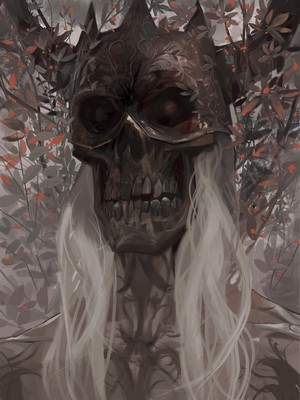 Artwork of a skull wearing a crown with foliage