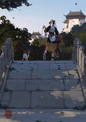 Woman with cat on a bridge in Asia