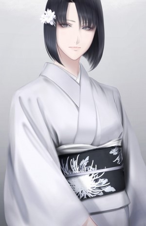 Anime girl in white kimono with black obi
