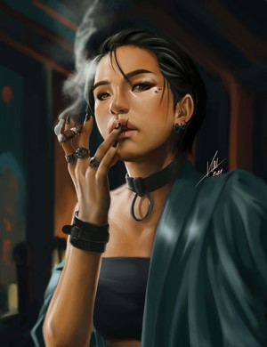 Digital art portrait of a woman smoking