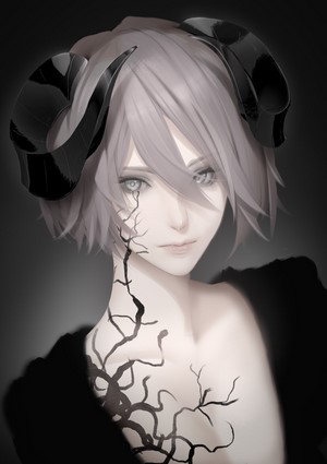 Anime girl with black horns and cracked skin