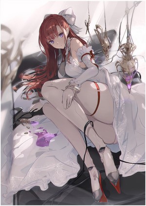 Redhead anime girl in white dress with purple eyes