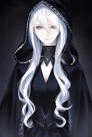 Anime girl with white hair wearing a black hooded robe