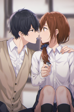 Miyamura Izumi and Hori Kyouko from Horimiya sharing candy